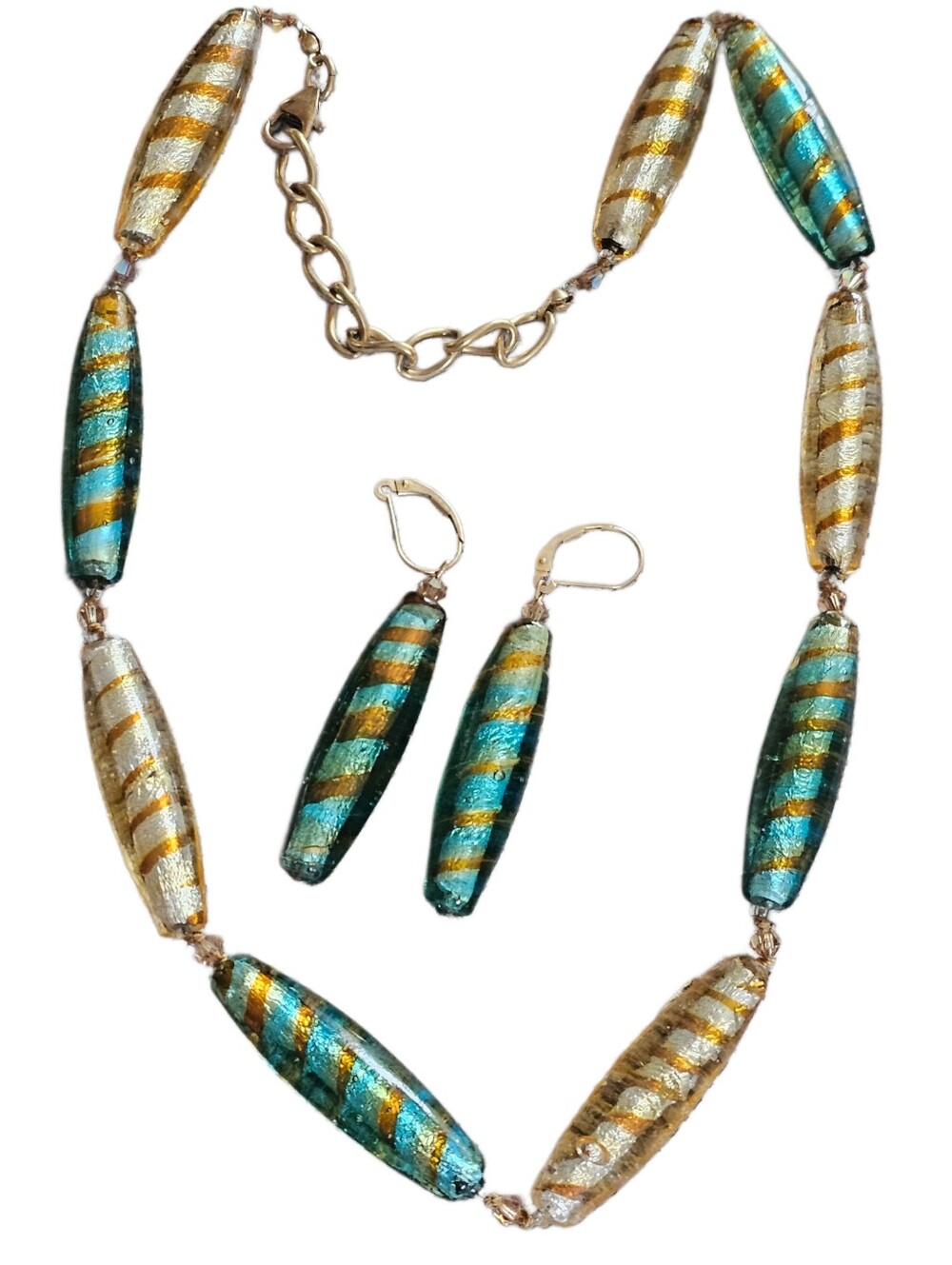 Vintage Gold & Turquoise Glass Bead Necklace & Earrings